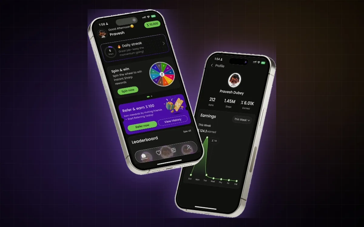 Sharp Rewards app, daily streaks, spin and win, referrals, and an earnings dashboard